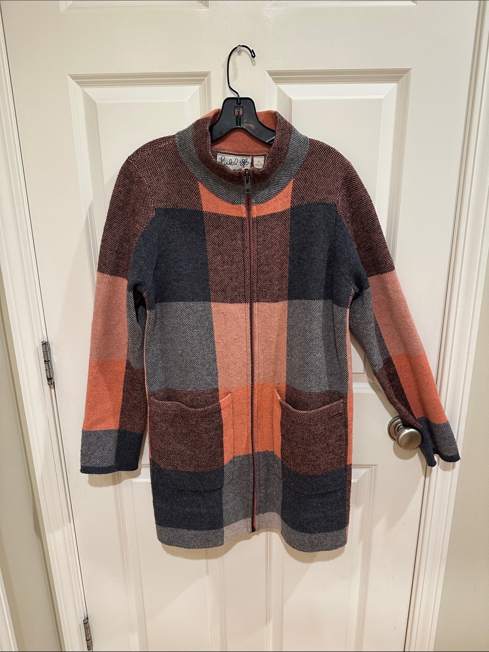 Anthropologist Field Flowers Plaid Zip-Front Long Jacket in Coral and Gray